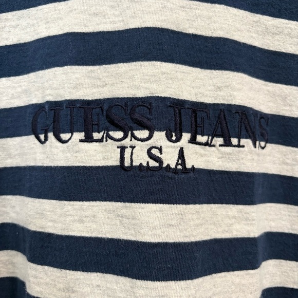 Vtg 90s Guess Jeans Made in US Striped Long Sleeve Shirt Navy Gray Large - Picture 2 of 7